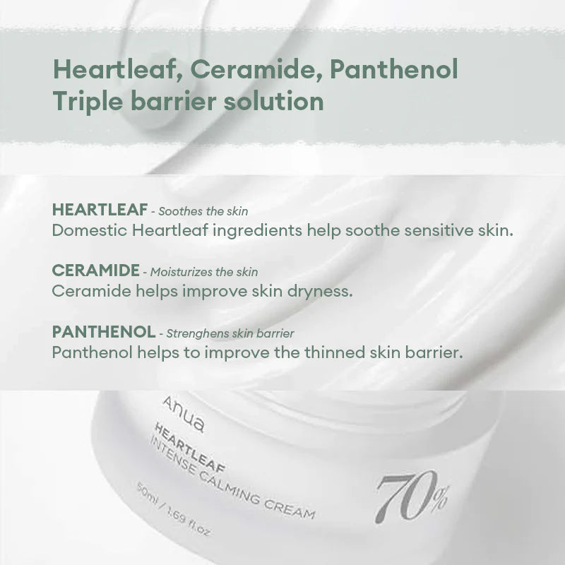 Anua Heartleaf 70% Intense Calming Cream (50ml) – Soothing and Moisturizing Cream with 70% Heartleaf Extract for Sensitive and Irritated Skin