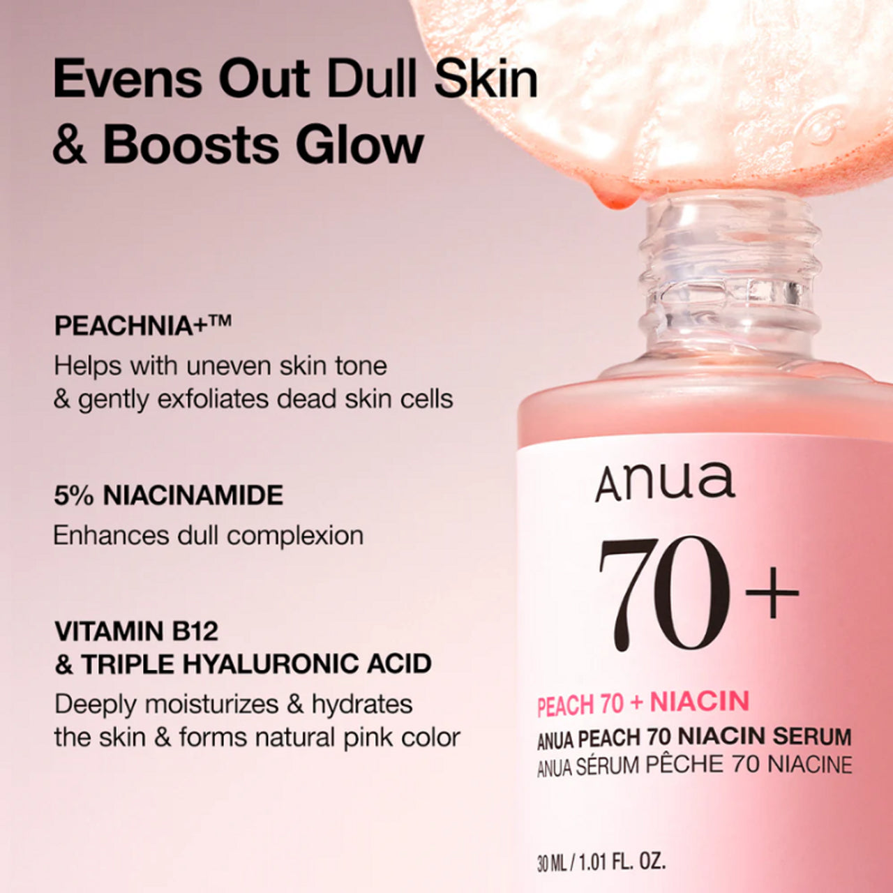 Anua Peach 70% Niacin Serum (30ml) – Brightening and Hydrating Serum with 70% Niacinamide and Peach Extract for Even Skin Tone
