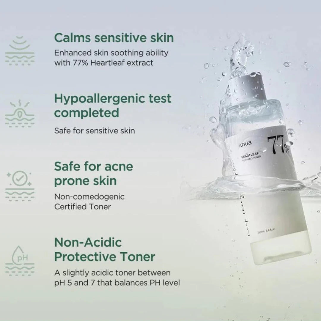 Anua Heartleaf Soothing 77% Toner (250ml) – Calming and Hydrating Toner with 77% Heartleaf Extract for Sensitive and Irritated Skin
