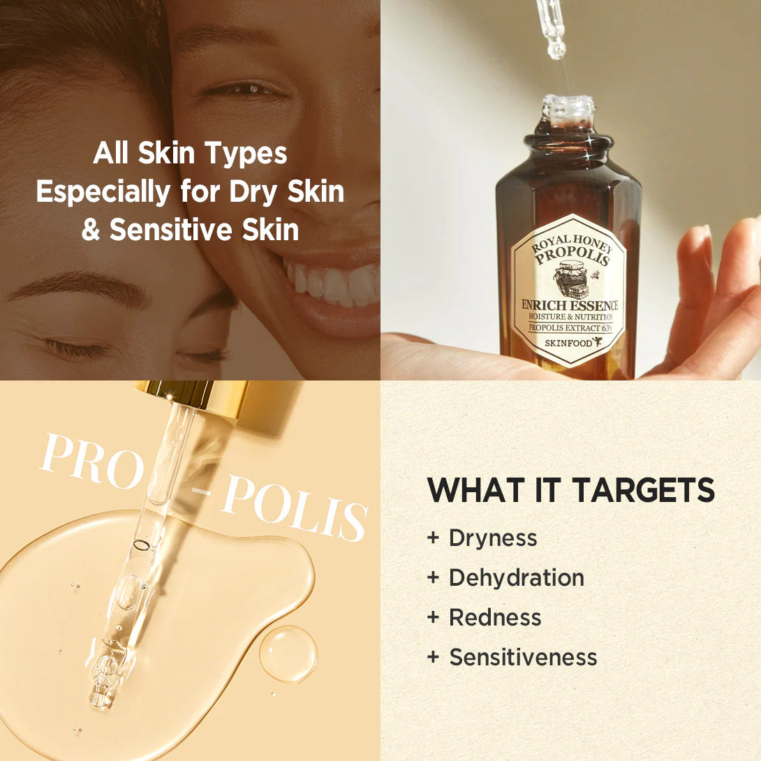 SKINFOOD Royal Honey Propolis Enrich Essence (50ml) – Nourishing Korean Essence with Propolis and Honey for Hydration and Skin Barrier Repair